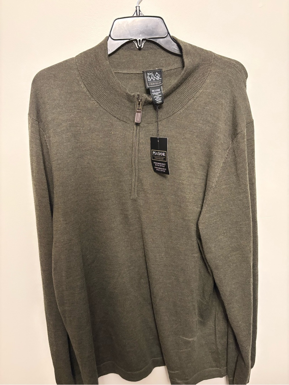 Jos A Bank Traveler Sweater 3XLT 3XL Tall Olive Green 1/4 Zip Pullover Merino